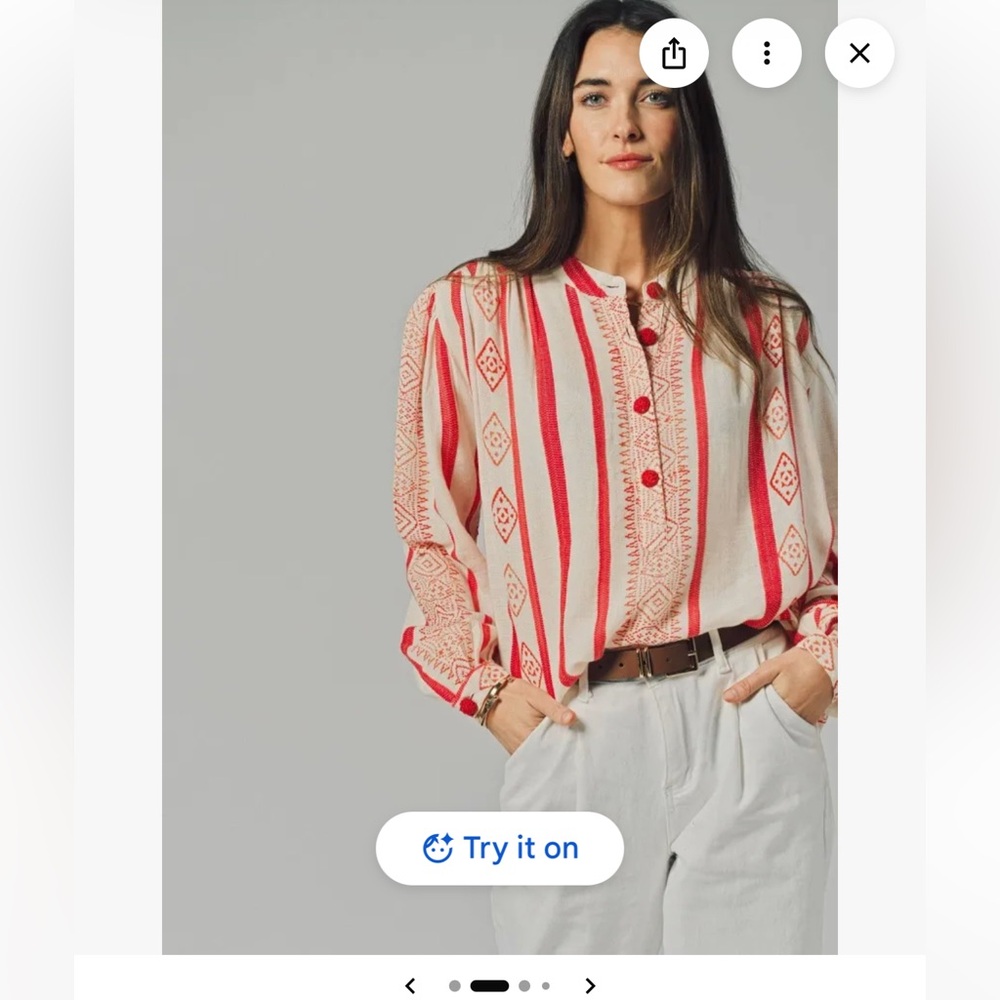 The shirt by Rochelle Behrens Pink & Cream Button-Front Embroidered Stripe Shirt